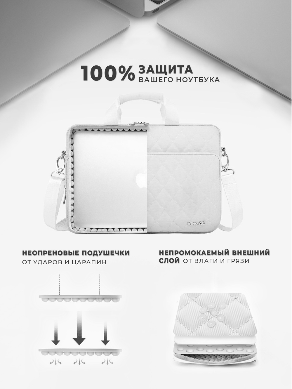 Сумка для ноутбука 15,6" и 17" с ремнем на плечо и большим карманом спереди (Стеганый белый)