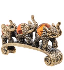 Народные промыслы AM-2193 Фигурка «Слоны - ум, честность, доброта» (латунь, янтарь)