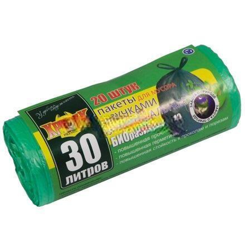 Мешок д/мусора ПНД 30 л (20 шт.) рулон с ручками зеленый КРЕПАК БИО (1/50 шт.)
