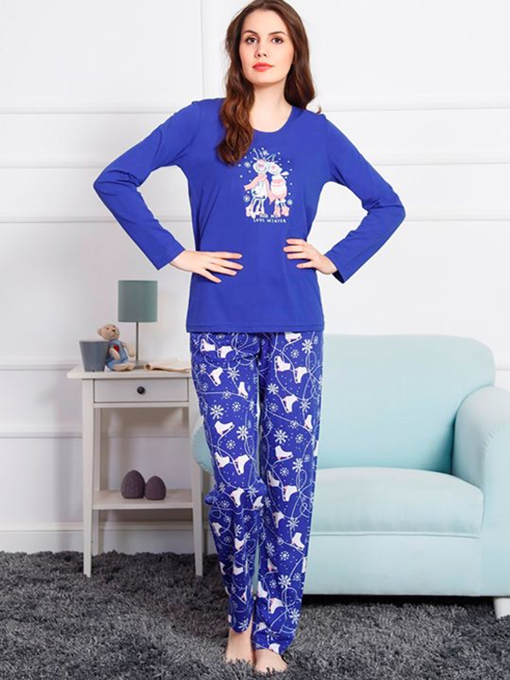 Женская пижама в новогоднем стиле с синими брючками (Размер: XL) (Цвет: персиковый)