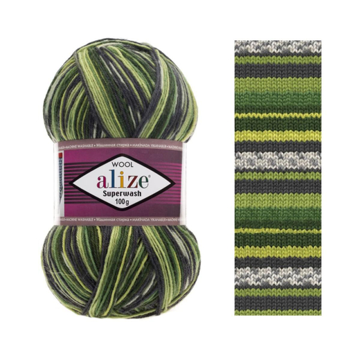 ALIZE "SUPERWASH COMFORT", 75% шерсть, 25% п/а, 100 гр, 420 м, зеленый/серый