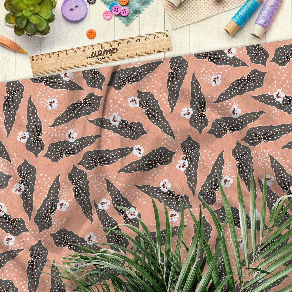 Ткань лён серый лотос и орхидеи на коралловом фоне