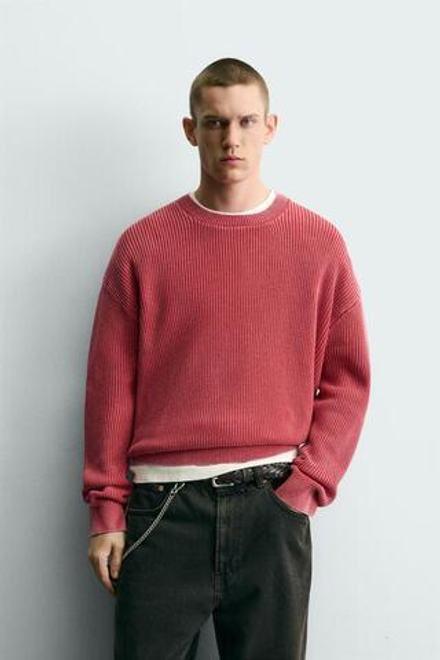 ZARA СВИТЕР В РУБЧИК С ЭФФЕКТОМ ПОТЕРТОСТИМ, КРАСНЫЙ