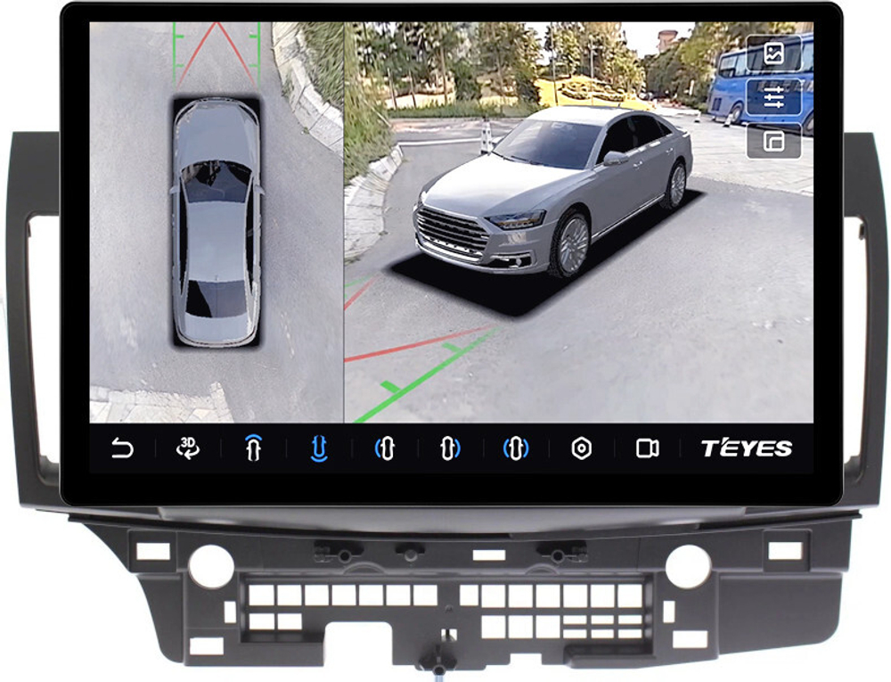 Магнитола для Mitsubishi Lancer X 2007-2016 (рамка 10) - Teyes CC3-2K-360 монитор 13" 2K QLED на Android 10, 6Гб+128Гб, CarPlay, 4G SIM-слот, 4 камеры в комплекте