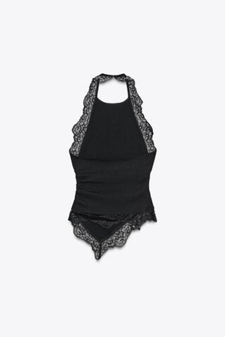 ZARA ТЕКСТУРИРОВАННЫЙ ТОП-ХАЛТЕР С КРУЖЕВОМ, ЧЕРНЫЙ