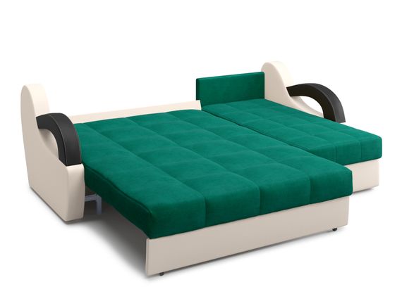 Диван угловой с оттоманкой Мадрид 1,2 - Velutto 33 изумрудный/беж кожзам/ коричневая накладка