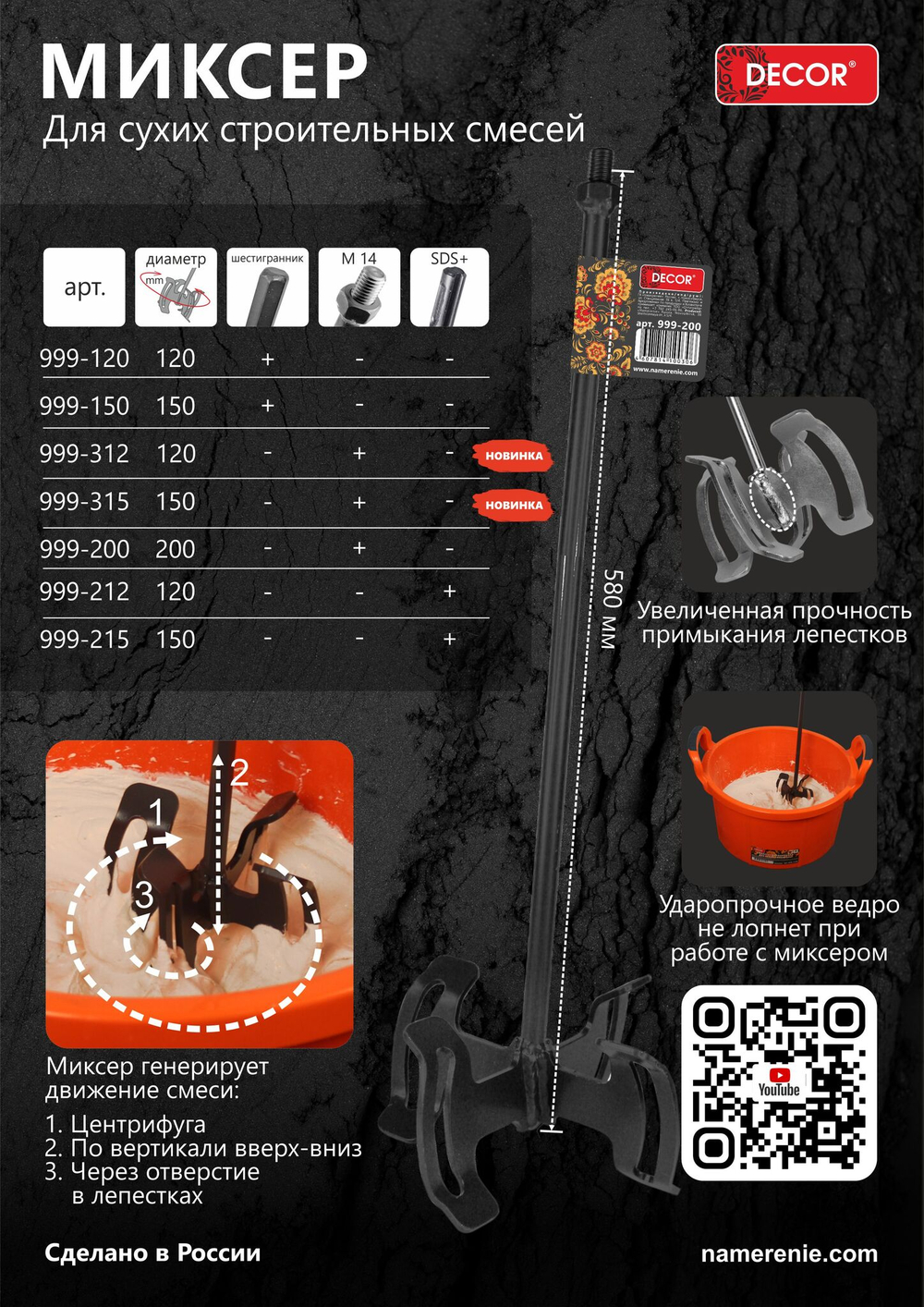 Миксер для сухих смесей D15см,580мм,SDS+ DECOR 999-215