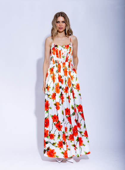 Женский сарафан макси белого цвета с красочным цветочным принтом