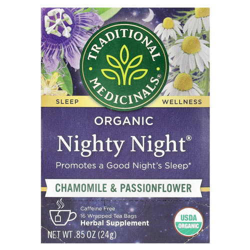 Traditional Medicinals, Organic Nighty Night®, ромашка и пассифлора, без кофеина, 16 чайных пакетиков, 24 г (0,85 унции)