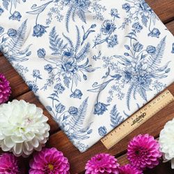 Ткань кулирная гладь синие листья и цветы