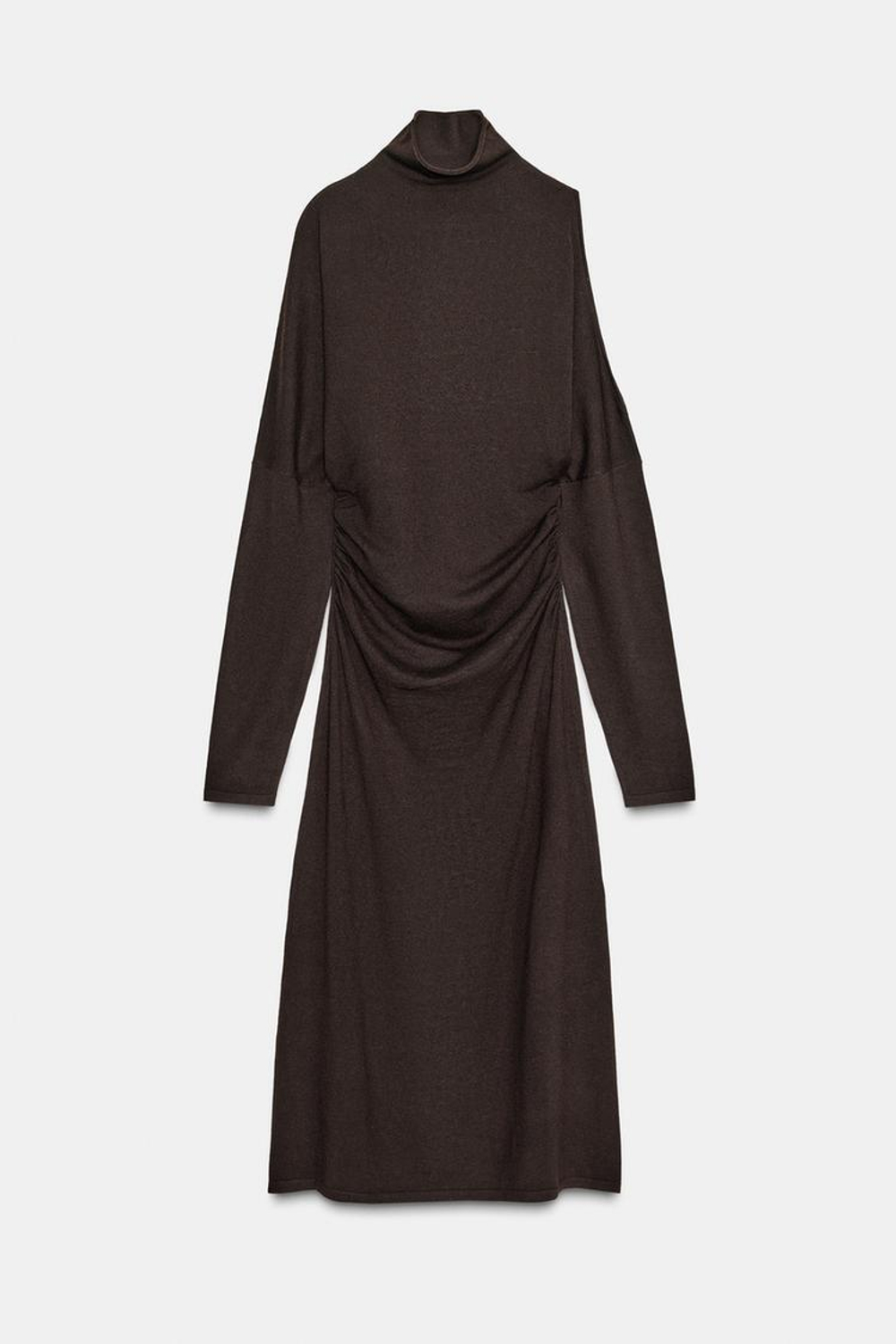 ZARA ТРИКОТАЖНОЕ ПЛАТЬЕ МИДИ С ВЫРЕЗАМИ, КОРИЧНЕВЫЙ