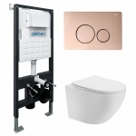 Унитаз подвесной Abber Bequem AC1100T-AC0105-AC0121RG белый, безободковый, с инсталляцией, с крышкой микролифт, слив-торнадо, с кнопкой золото матовое