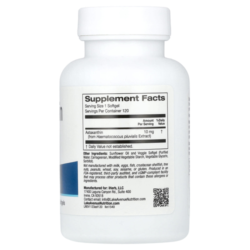 Lake Avenue Nutrition, астаксантин, 10 мг, 120 вегетарианских капсул
