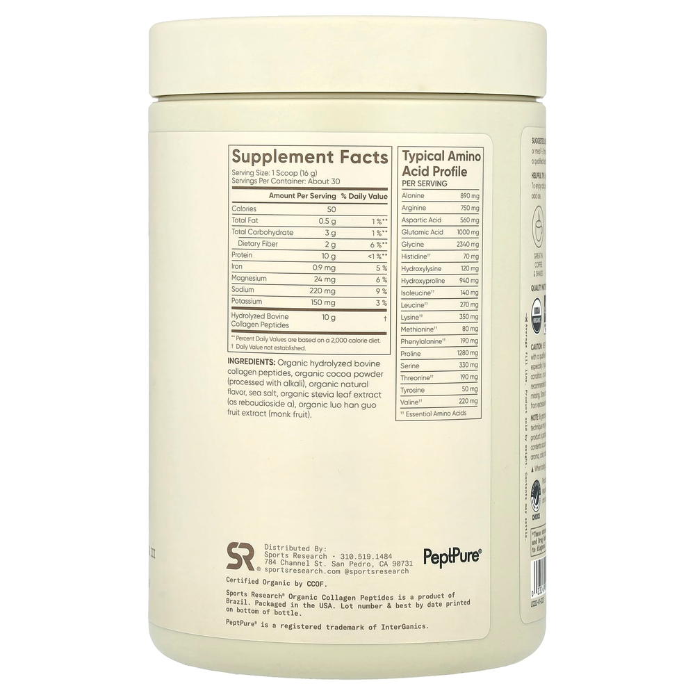 Sports Research, Органические пептиды коллагена, темный шоколад, 480 г (16,93 унции)