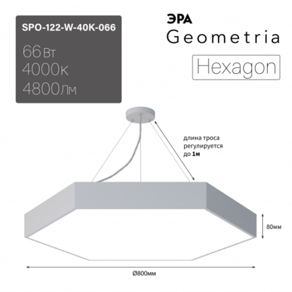 Светильник LED ЭРА Geometria SPO-122-W-40K-066 Hexagon 66Вт 4000К 5300Лм 800*800*80 белый подвесной драйвер внутри | Декоративные светильники Geometria