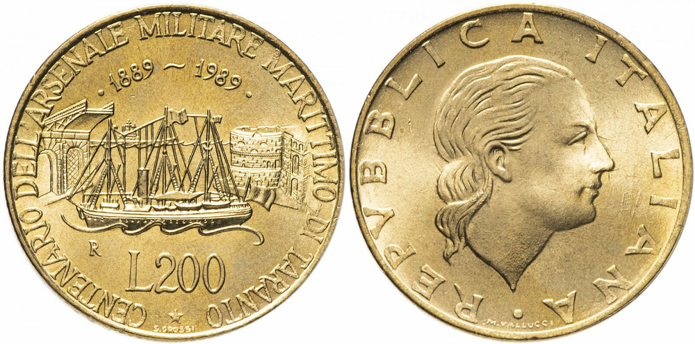 Италия 200 лир, 1989 100 лет морской военной базе в Таранто