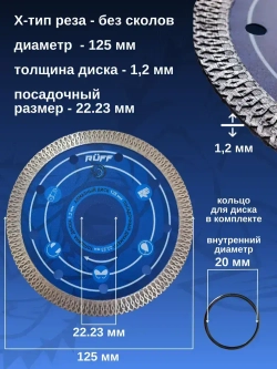 Диск алмазный 125 по керамограниту Ruff, отрезной 125 x 1,2 x 22,23 тонкий, по керамике, по бетону, по граниту, по мрамору