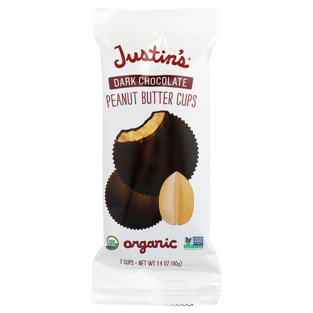 Justin's Nut Butter, Органический темный шоколад с арахисовой пастой, 2 стакана, 40 г (1,4 унции)