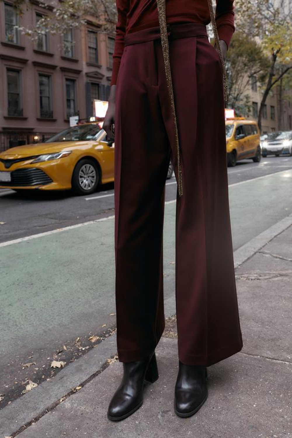 ZARA ШИРОКИЕ БРЮКИ С ВЫСОКОЙ ПОСАДКОЙ, БУРГУНДИ