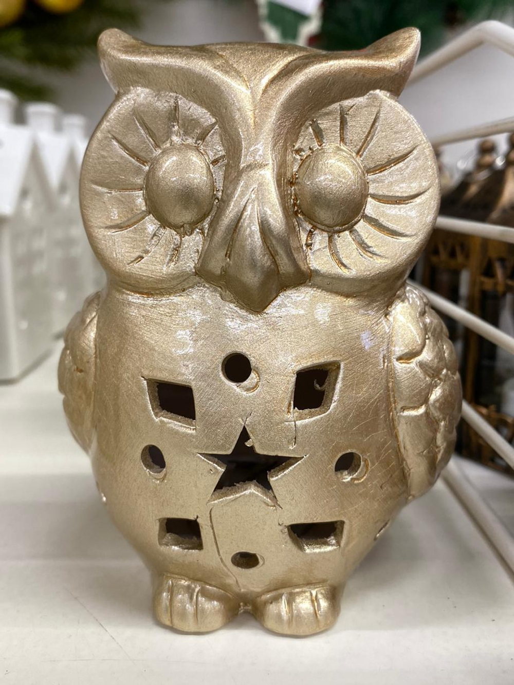 Фигурка керамическая Сова 11,2см, золото, LED-подсветка (+ батарейка 2LR44), SYTCC-3823075