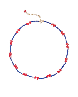Колье-бисер синее, красные цветы