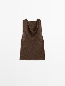 Massimo Dutti Вязаный топ-халтер из смесовой льняной ткани, коричневый