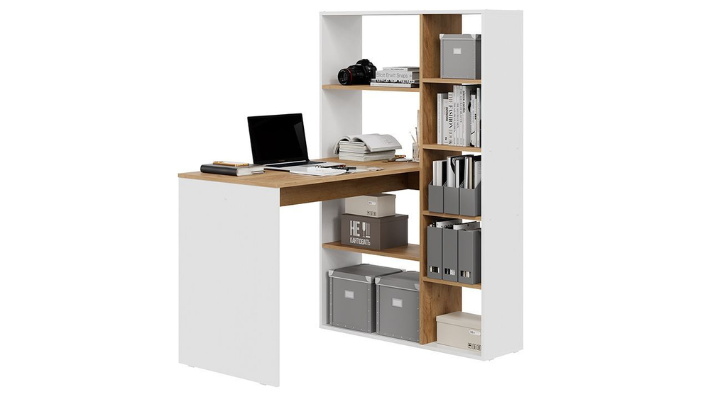 Стол письменный с полками и шкафом Дуб Крафт золотой/Белый Ясень 90х110х140 см