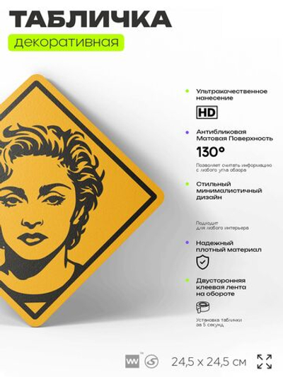 Табличка декоративная "Мадонна, Madonna" на дверь и стену, прикольная штука в подарок, декоративный знак, 24,5х24,5 см, пластиковая, Айдентика Технолоджи