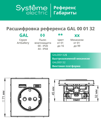 Розетка ArtGallery 16А с 2-мя заряд. устройствами USB A+C 5В/2.4А/3А 2х5В/1.5А механизм бел. SE GAL000132