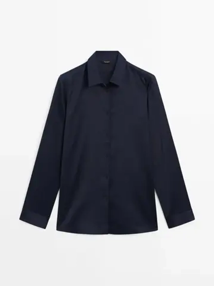 Massimo Dutti Однотонная рубашка с длинными рукавами и разрезами, синий