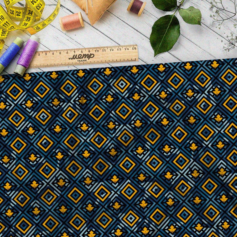 Ткань дюспо золотисто-синий узор из мелких квадратов