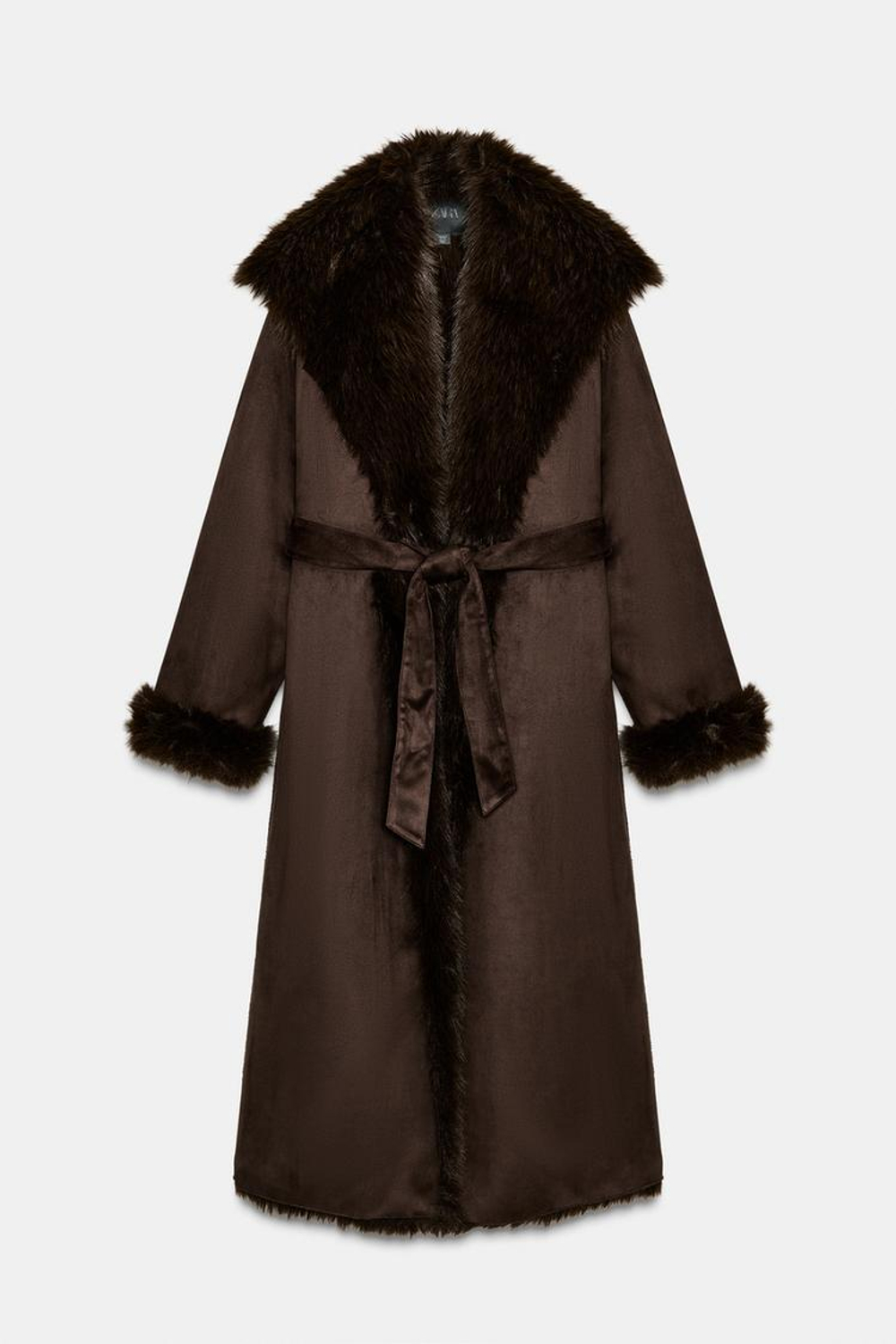 ZARA ПАЛЬТО ИЗ ИСКУССТВЕННОГО МЕХА С ПОЯСОМ — ZW COLLECTION, КОРИЧНЕВЫЙ