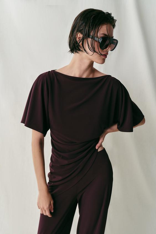 ZARA ДРАПИРОВАННЫЙ ТОП ИЗ КРЕПА, ВИННЫЙ