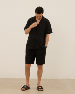 Рубашка мужская, с коротким рукавом, из 100% льна, черная