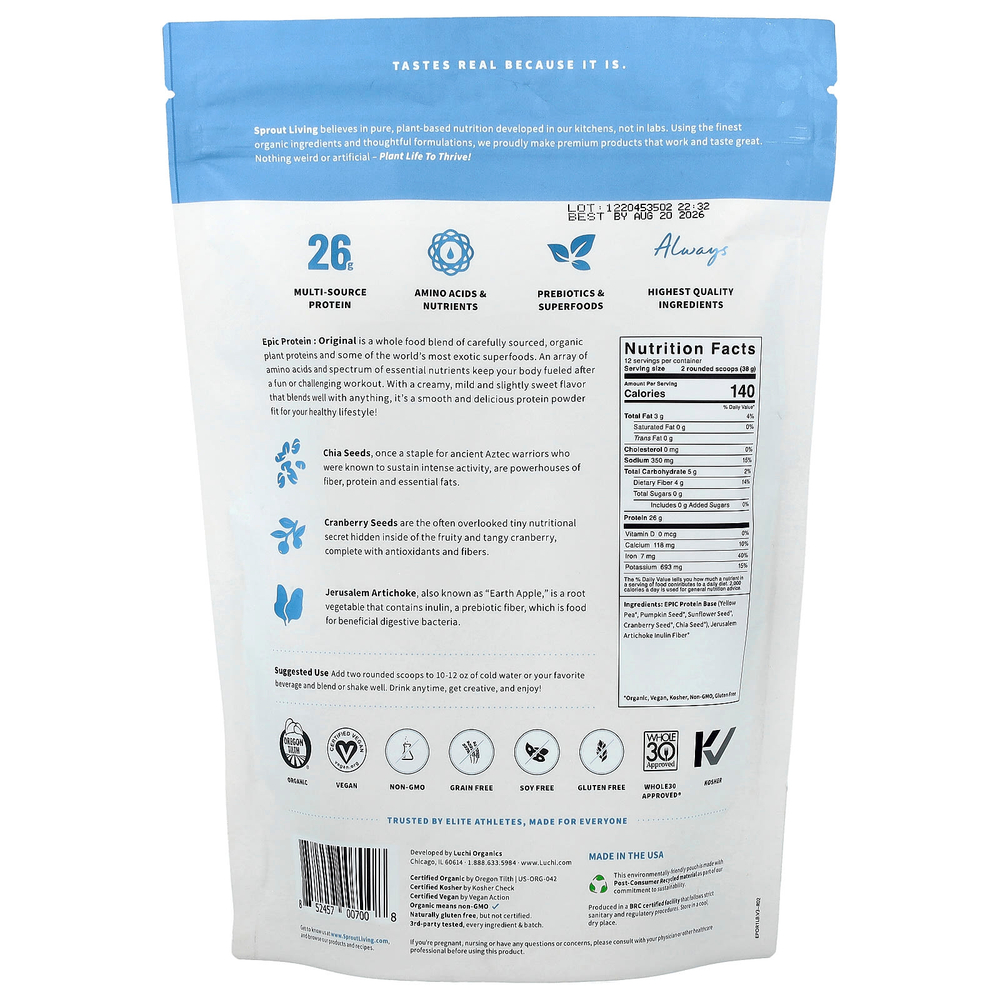 Sprout Living, Epic Protein, органический растительный протеин и суперфуды, классический вкус, 455 г (1 фунт)