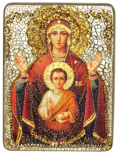 Инкрустированная икона Образ Божией Матери Знамение 20х15см на натуральном дереве в подарочной коробке