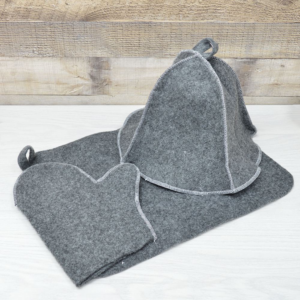 Набор для бани 3 предмета: шапка "Classic gray", коврик, рукавичка, тм "Бацькина баня"