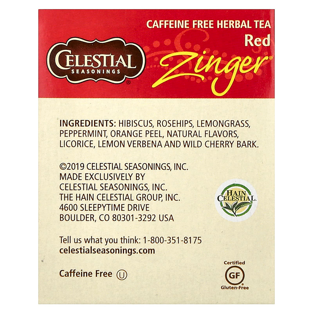 Celestial Seasonings, травяной чай, Red Zinger, без кофеина, 20 чайных пакетиков, 49 г (1,7 унции)