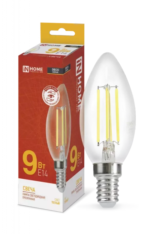 Лампа светодиодная LED-СВЕЧА-deco 9Вт 230В Е14 3000К ТЕПЛЫЙ 1040Лм прозрачная IN HOME