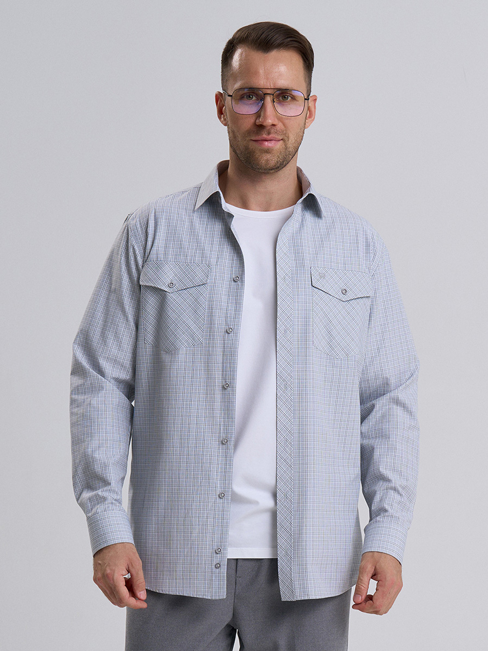 Сорочка мужская VESTER длинный рукав, цвет серый, клетка, хлопок/пэ 50314 48