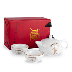 268046.3 Сервиз МАТОВЫЙ ФАРФОР "Бамбук" чайник 200 мл и 2 пиалы 60мл, h=7,7см, l=14,1см, белый