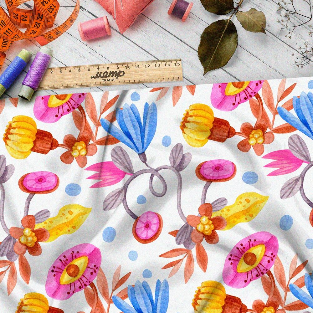 Ткань ниагара абстрактные яркие цветы и глаза на белом фоне