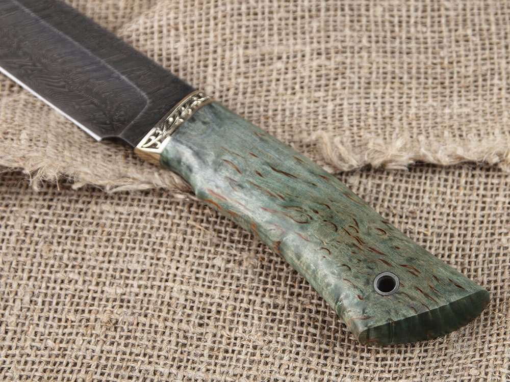 Нож "Леший", дамасская сталь, рукоять зеленая стабилизированная карельская береза