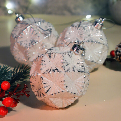 Шар новогодний 3шт 8см "Иней с серебряными гранями"