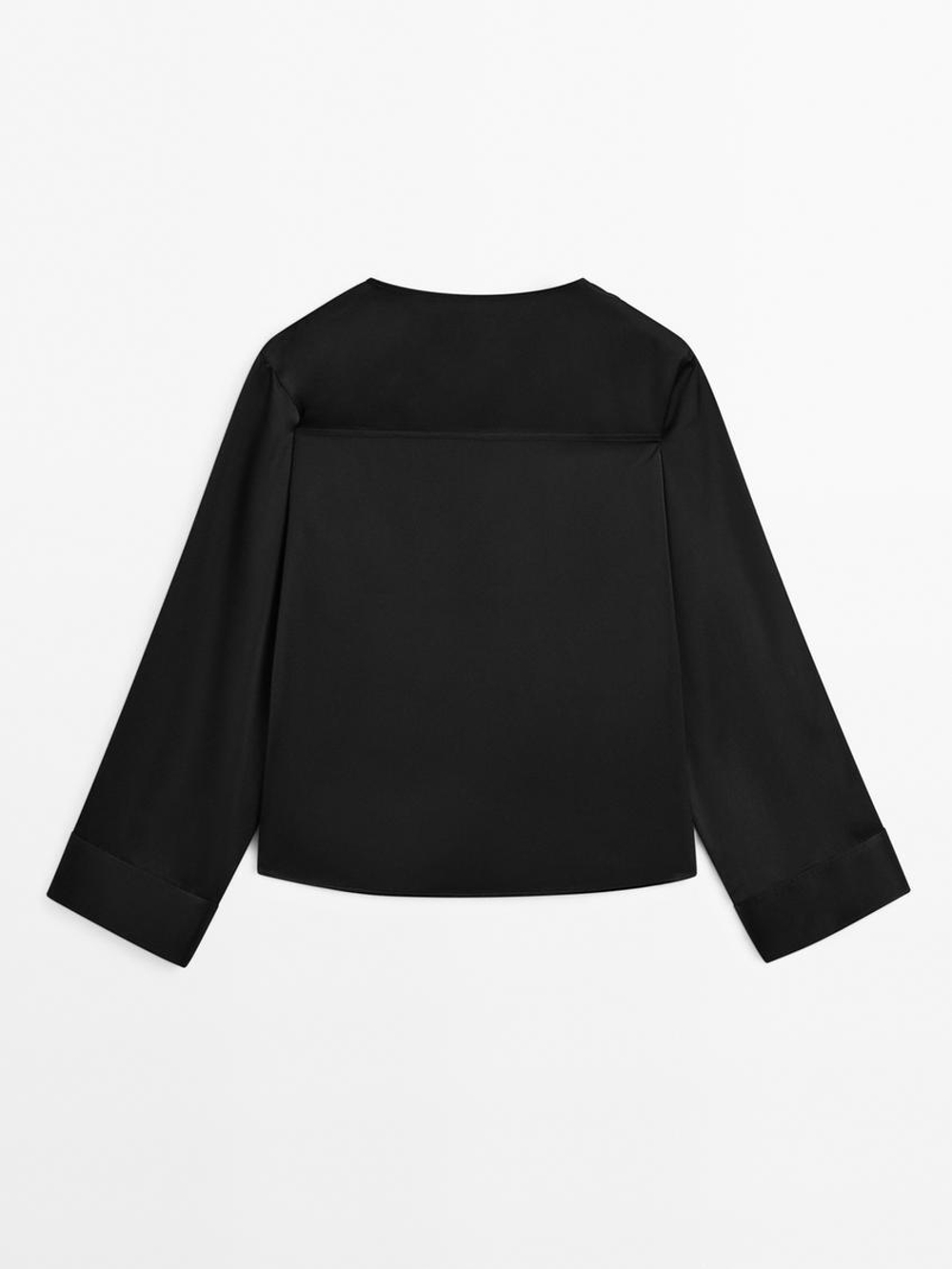 Massimo Dutti Блуза из сатина с пуговицей, черный