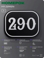 Номерок на дверь квартиры 290, для кабинета, офиса, шильдик 9 х 7 см, черный, Айдентика Технолоджи