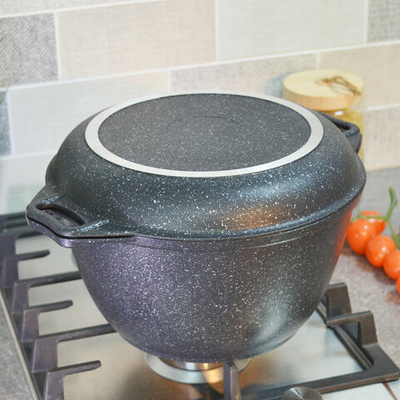 Казан 4л литой с крышкой-сковородой, с антипригарным покрытием "Темный мрамор"
