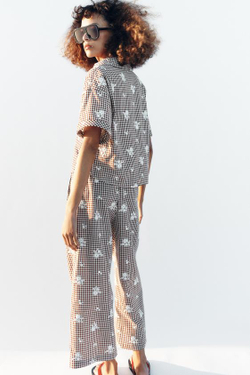 ZARA БРЮКИ-КЮЛОТЫ В КЛЕТКУ С ВЫШИВКОЙ В КОМПЛЕКТЕ, КОРИЧНЕВЫЙ/ЭКРЮ