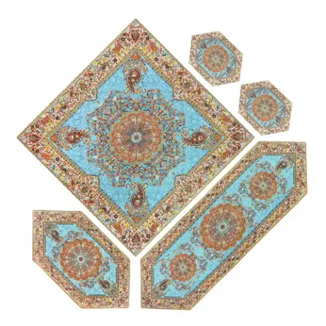 Набор Терме 5 предметов иранская скатерть шелковое ткачество голубое с золотом