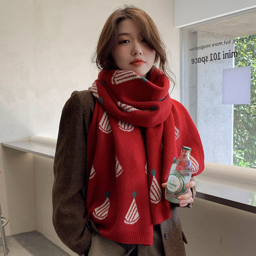 Шарф с принтом теплый, красный